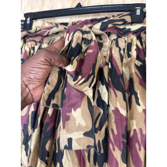 Mir Apparel Burgundy Black Tan Brown Maxi Flared Skirt Camo Pockets NWT One Size - Picture 7 of 8